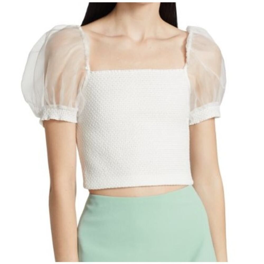 Alice + Olivia White Sheer Puff-Sleeve Cropped Top